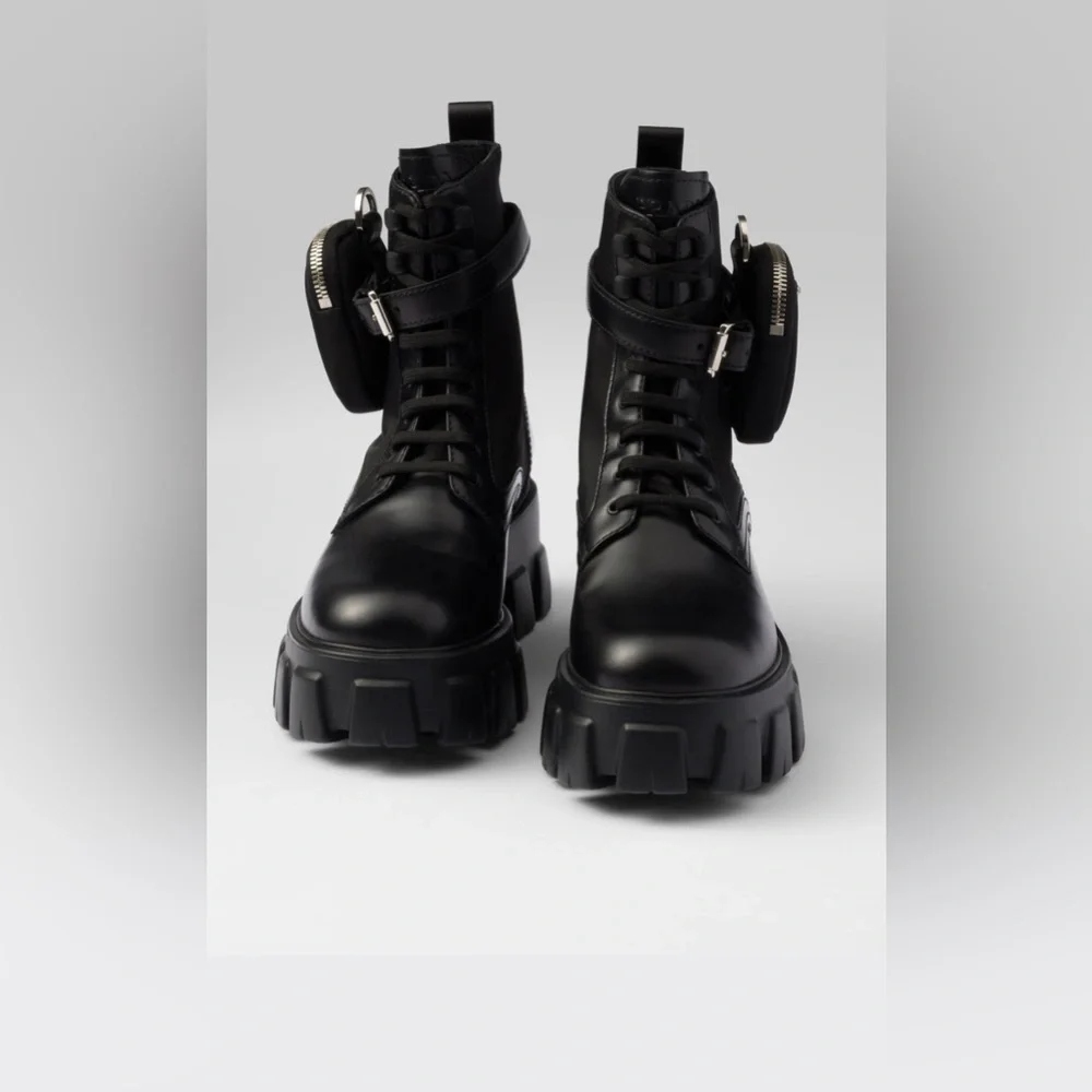 Prada Black Leather Lug-Sole Combat Boots with Detachable Mini Pouch - Picture 4 of 16
